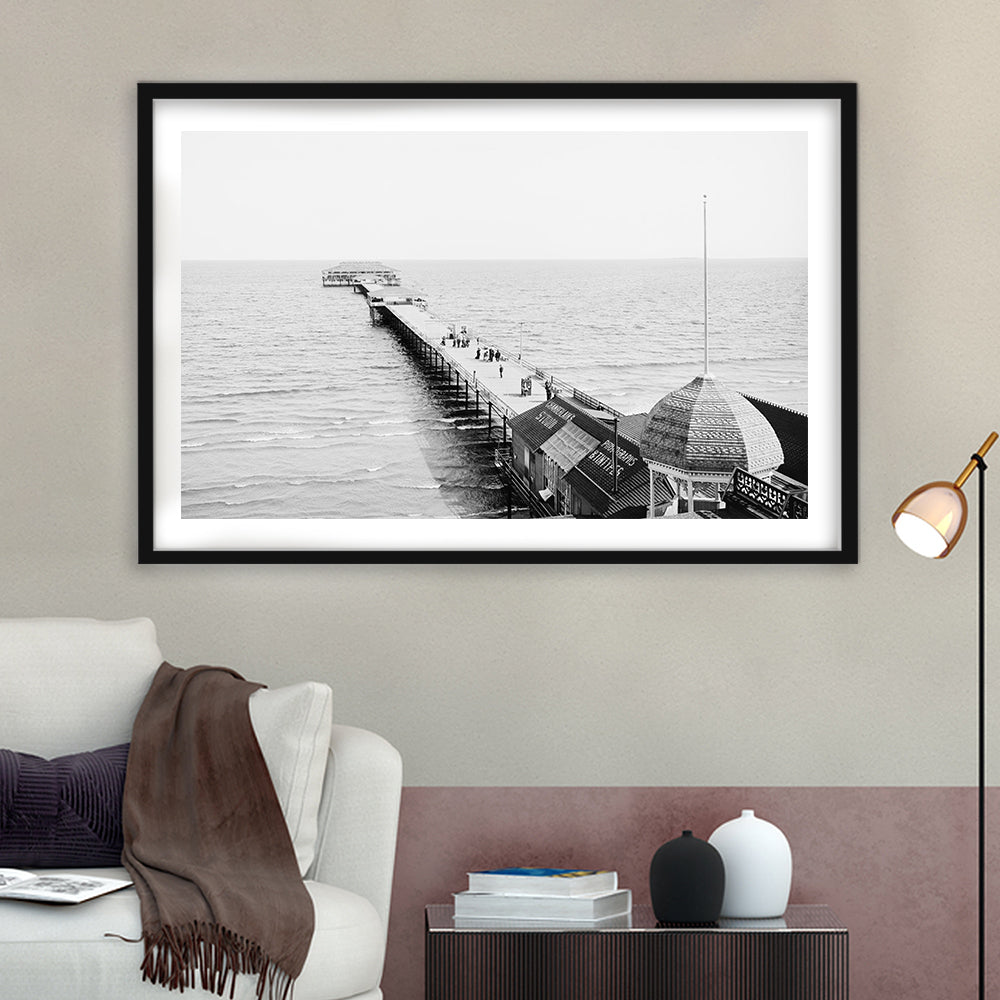 Old Orchard Beach Pier Black and White Art Ocean Photography Coastal Wall Art, Framed Art Print White Border Wall Decor