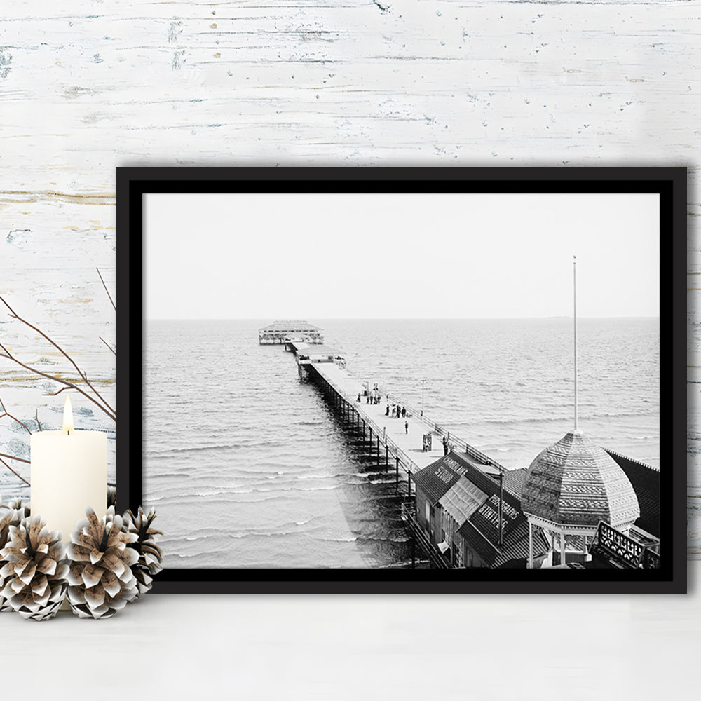 Old Orchard Beach Pier Black and White Art Ocean Photography Coastal Wall Art, Floating Framed Canvas Print