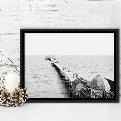 Old Orchard Beach Pier Black and White Art Ocean Photography Coastal Wall Art, Floating Framed Canvas Print