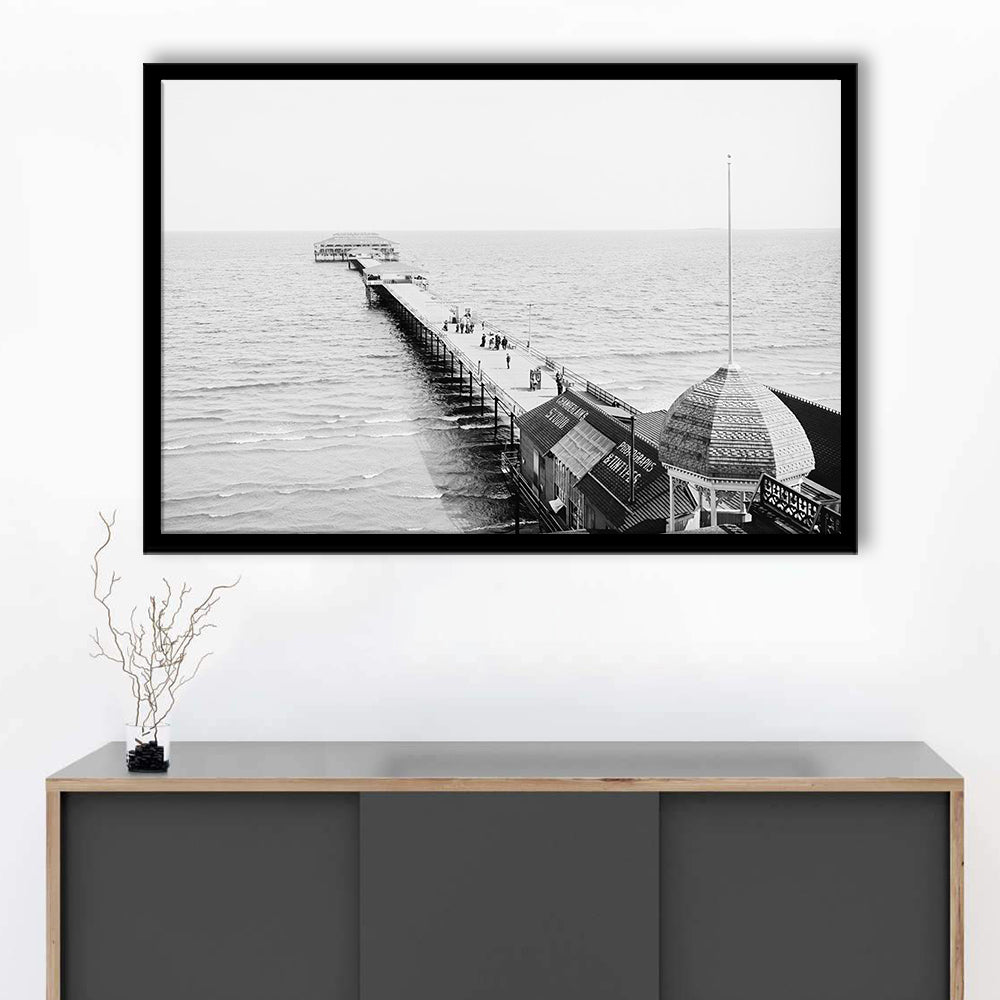 Old Orchard Beach Pier Black and White Art Ocean Photography Coastal Wall Art, Framed Art Print Wall Decor