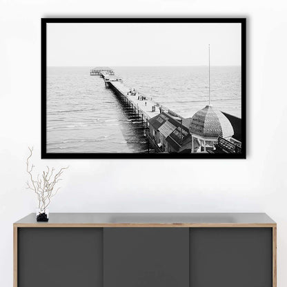 Old Orchard Beach Pier Black and White Art Ocean Photography Coastal Wall Art, Framed Art Print Wall Decor