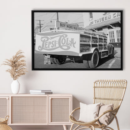 Old Pepsi Cola Truck Black and White Art, Floating Framed Canvas Print