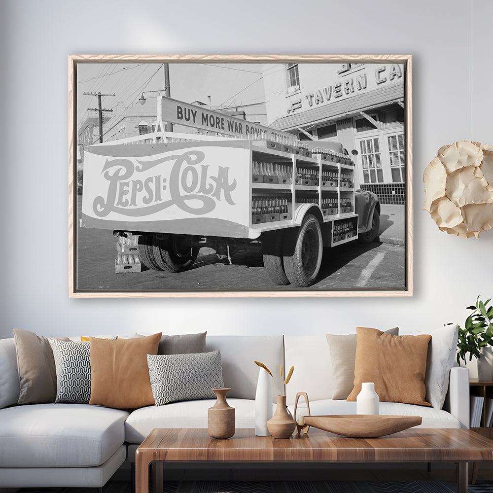 Old Pepsi Cola Truck Black and White Art, Floating Framed Canvas Print