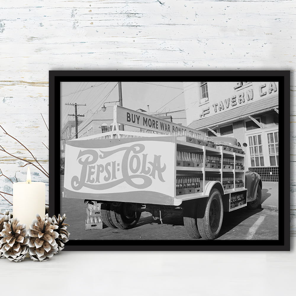 Old Pepsi Cola Truck Black and White Art, Floating Framed Canvas Print