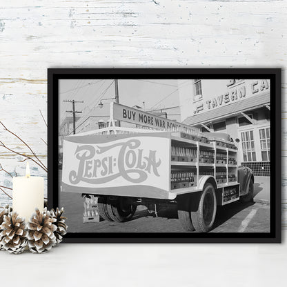 Old Pepsi Cola Truck Black and White Art, Floating Framed Canvas Print
