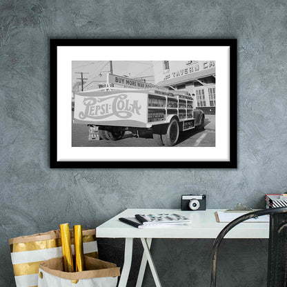 Old Pepsi Cola Truck Black and White Art, Framed Art Print White Border Wall Decor