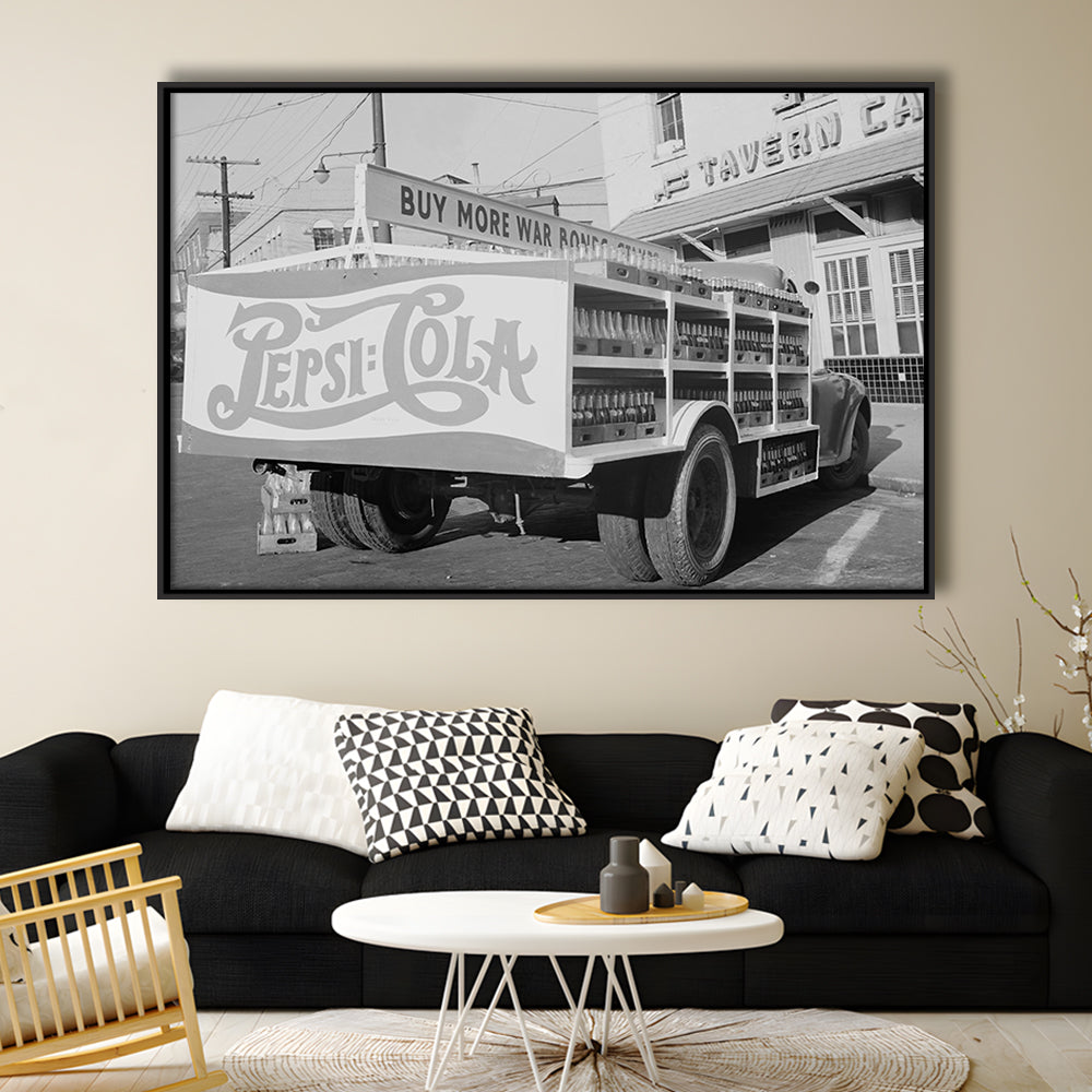 Old Pepsi Cola Truck Black and White Art, Floating Framed Canvas Print