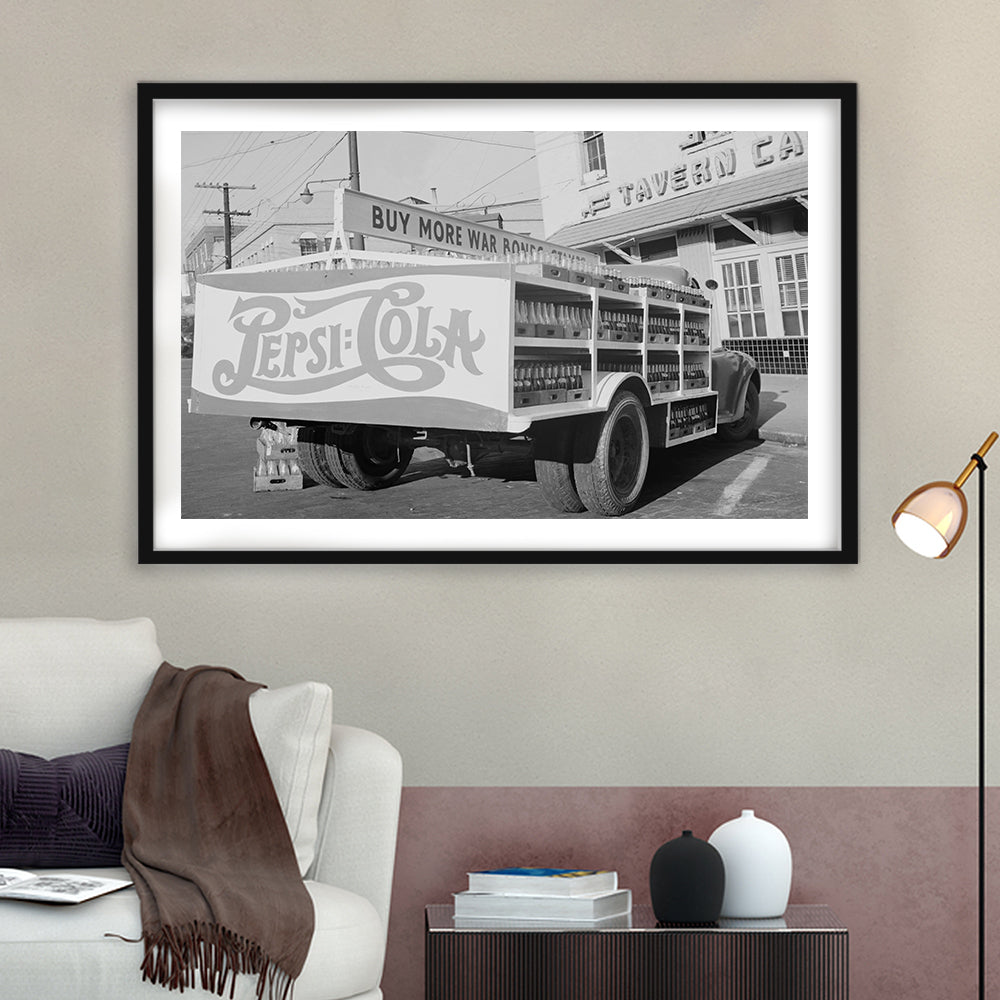 Old Pepsi Cola Truck Black and White Art, Framed Art Print White Border Wall Decor