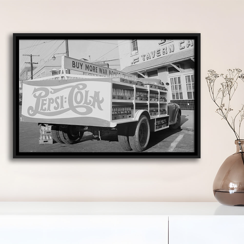 Old Pepsi Cola Truck Black and White Art, Floating Framed Canvas Print