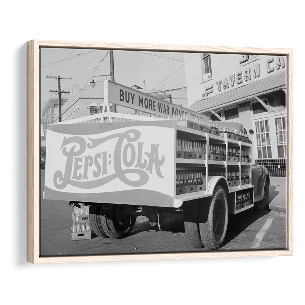 Old Pepsi Cola Truck Black and White Art, Floating Framed Canvas Print