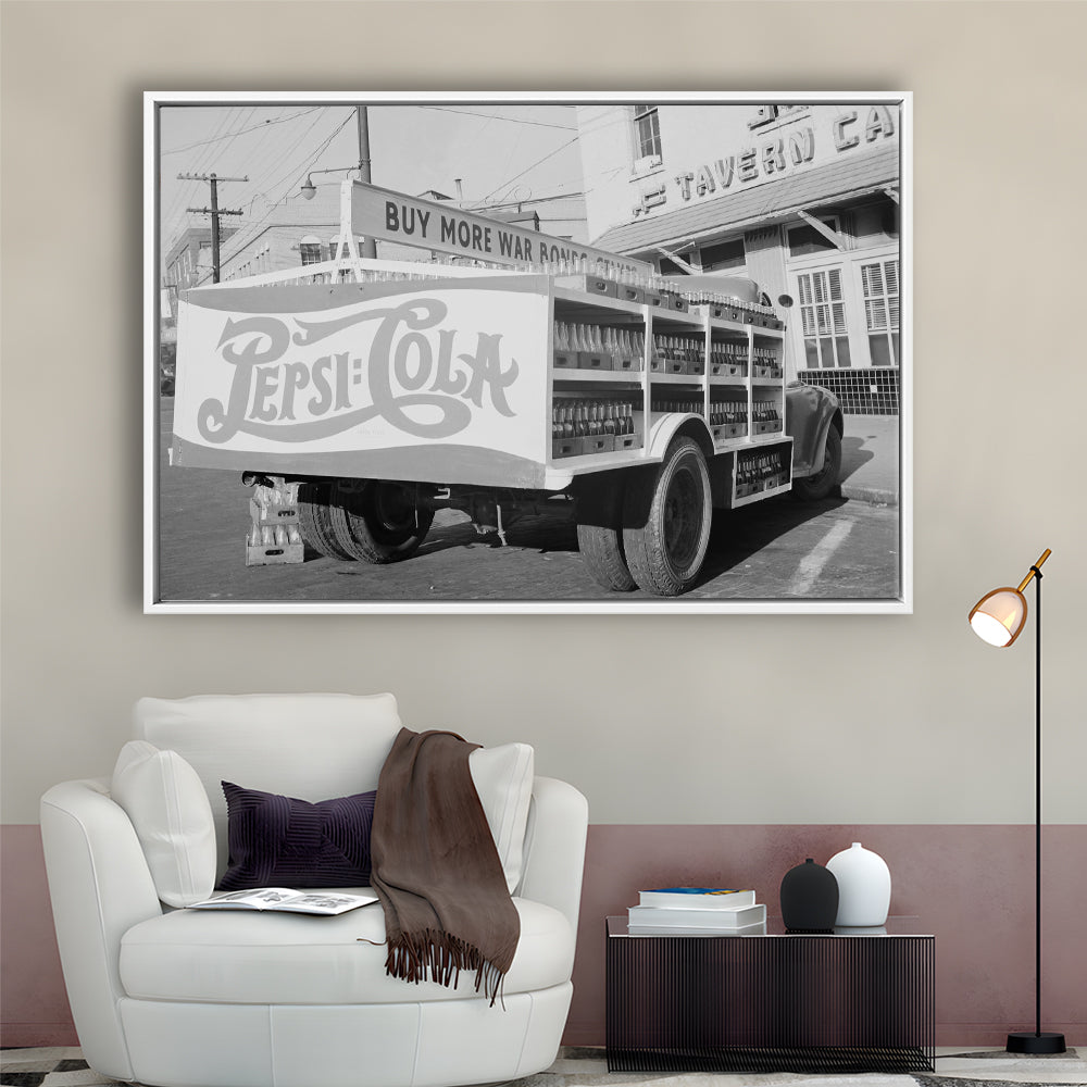 Old Pepsi Cola Truck Black and White Art, Floating Framed Canvas Print