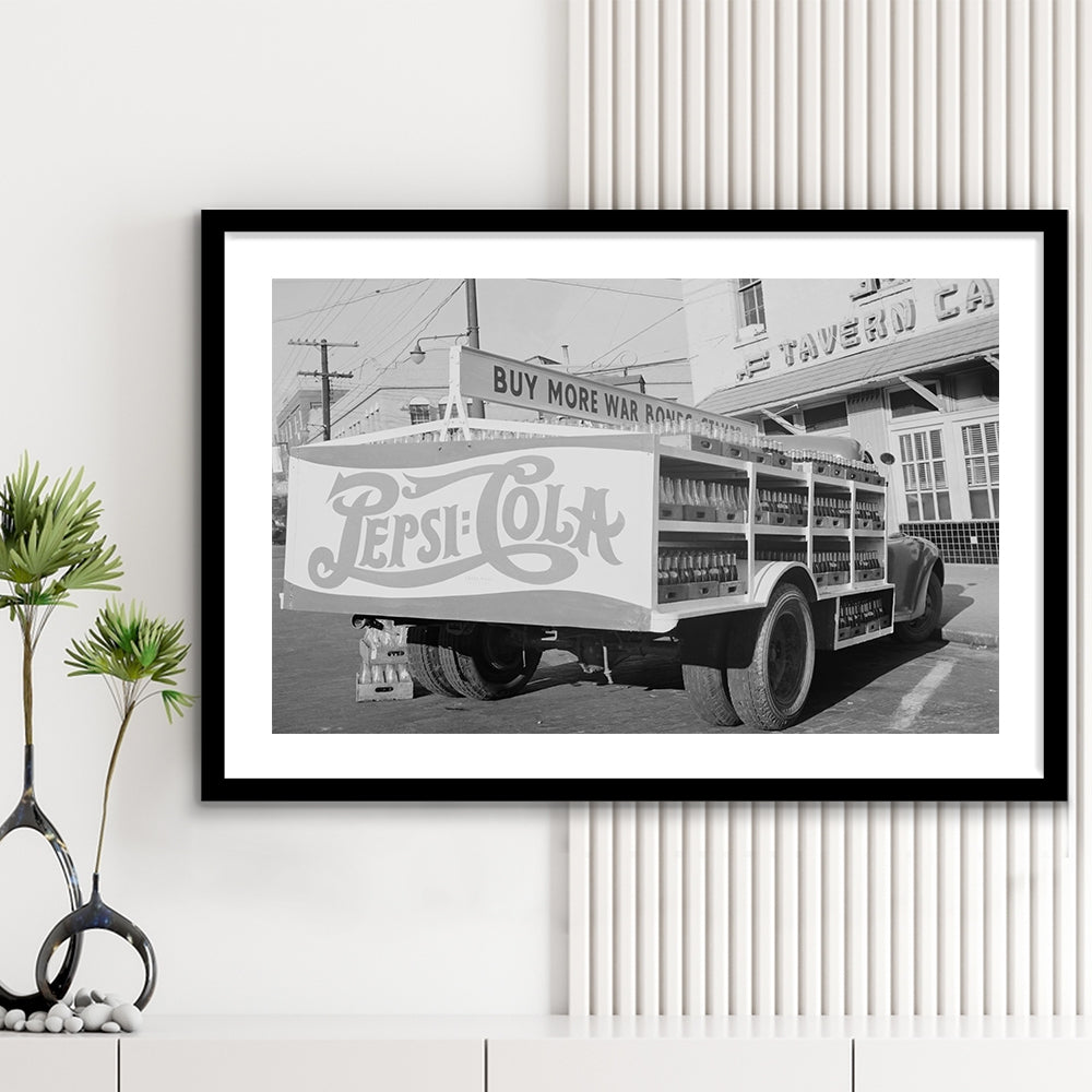 Old Pepsi Cola Truck Black and White Art, Framed Art Print White Border Wall Decor
