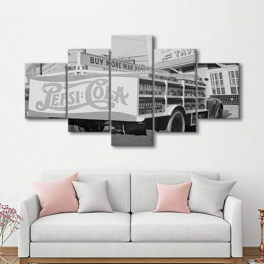 Old Pepsi Cola Truck Black and White Art, Mixed 5 Pieces Canvas Print