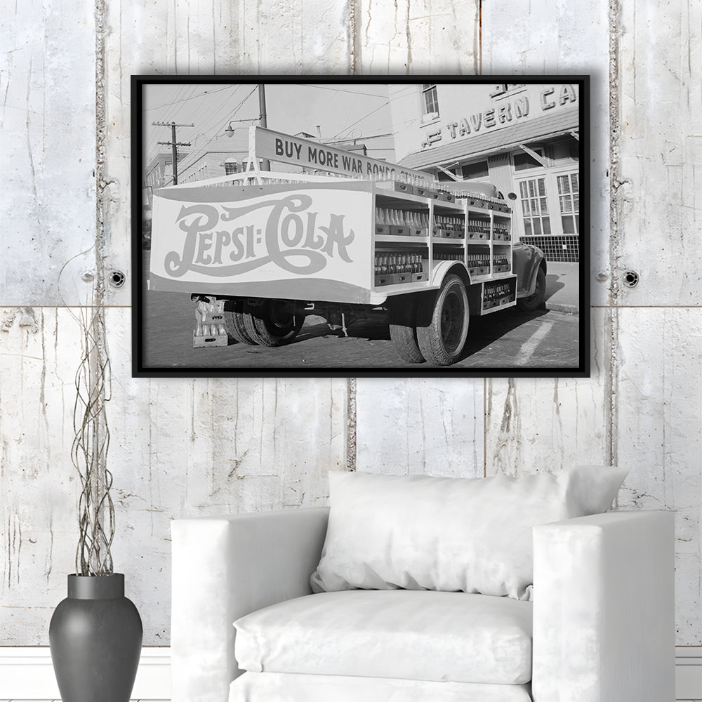 Old Pepsi Cola Truck Black and White Art, Floating Framed Canvas Print
