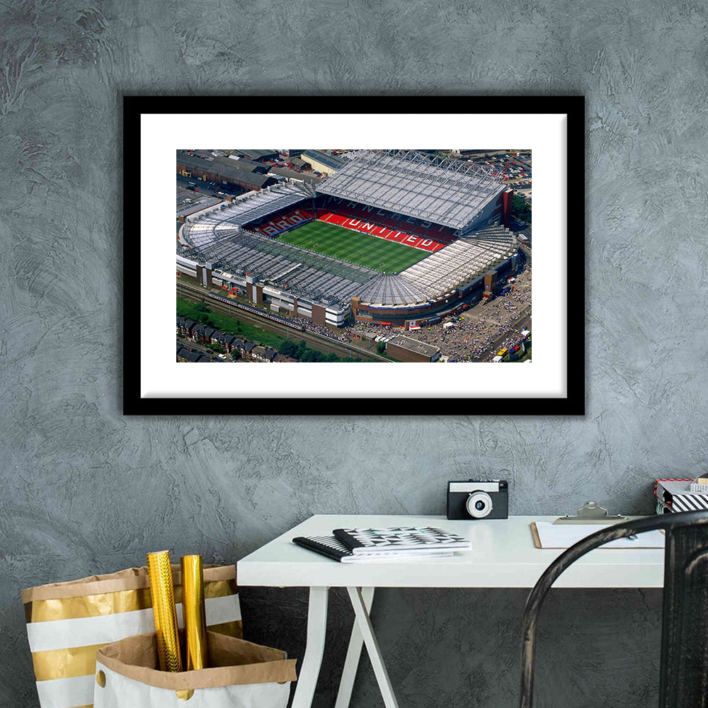 Old Trafford in Stretford, Stadium Canvas, Sport Art, Gift for him, White Border Framed Art Print Wall Decor