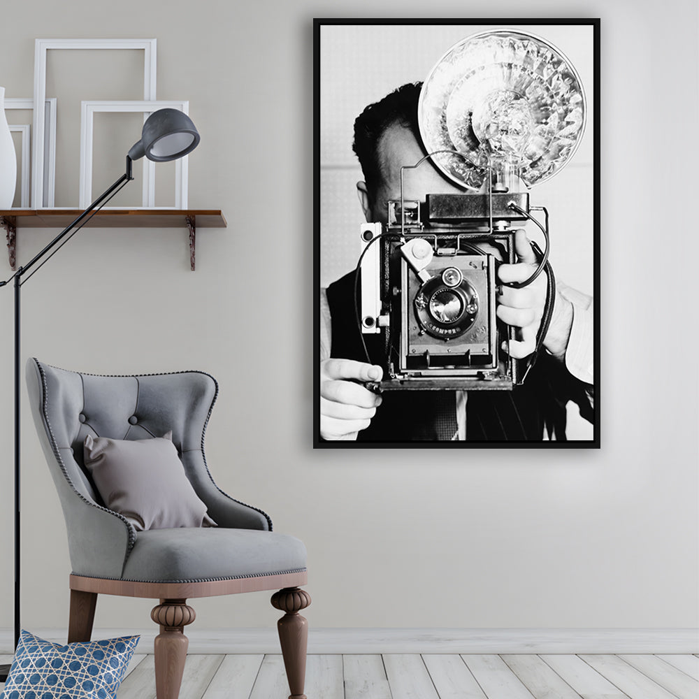 Old Vintage Camera Retro Photography Black and White Art Photography Prints, Floating Framed Canvas Print