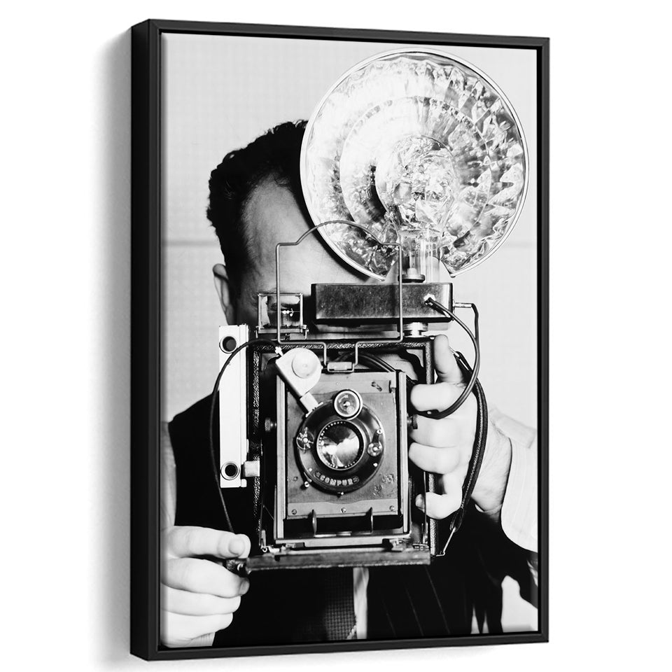 Old Vintage Camera Retro Photography Black and White Art Photography Prints, Floating Framed Canvas Print