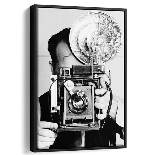 Old Vintage Camera Retro Photography Black and White Art Photography Prints, Floating Framed Canvas Print