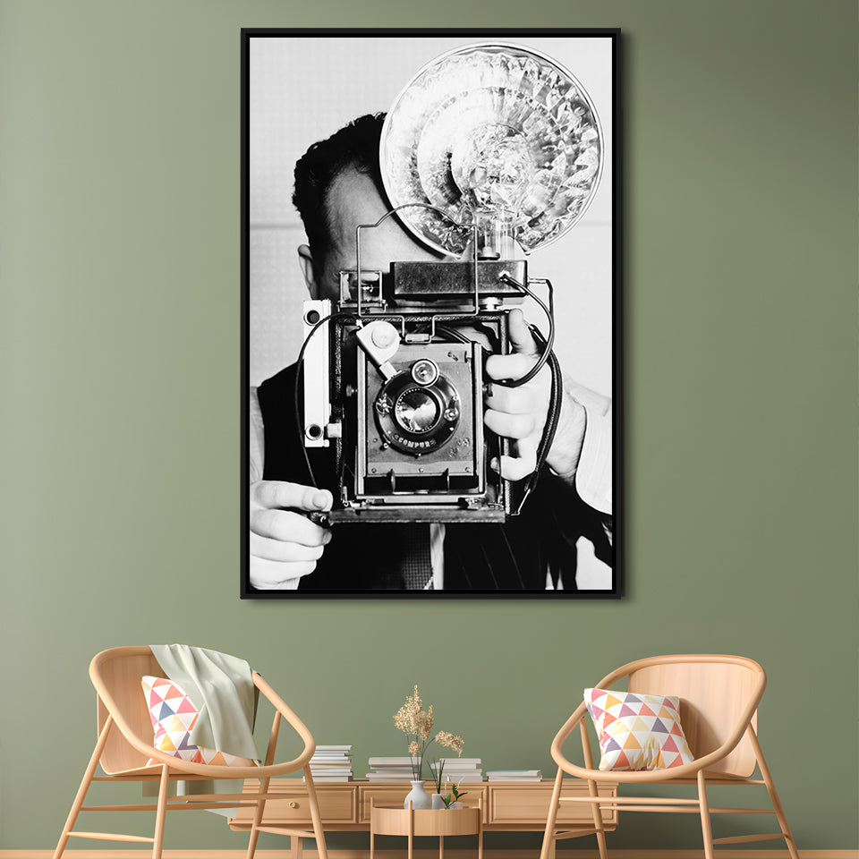 Old Vintage Camera Retro Photography Black and White Art Photography Prints, Floating Framed Canvas Print