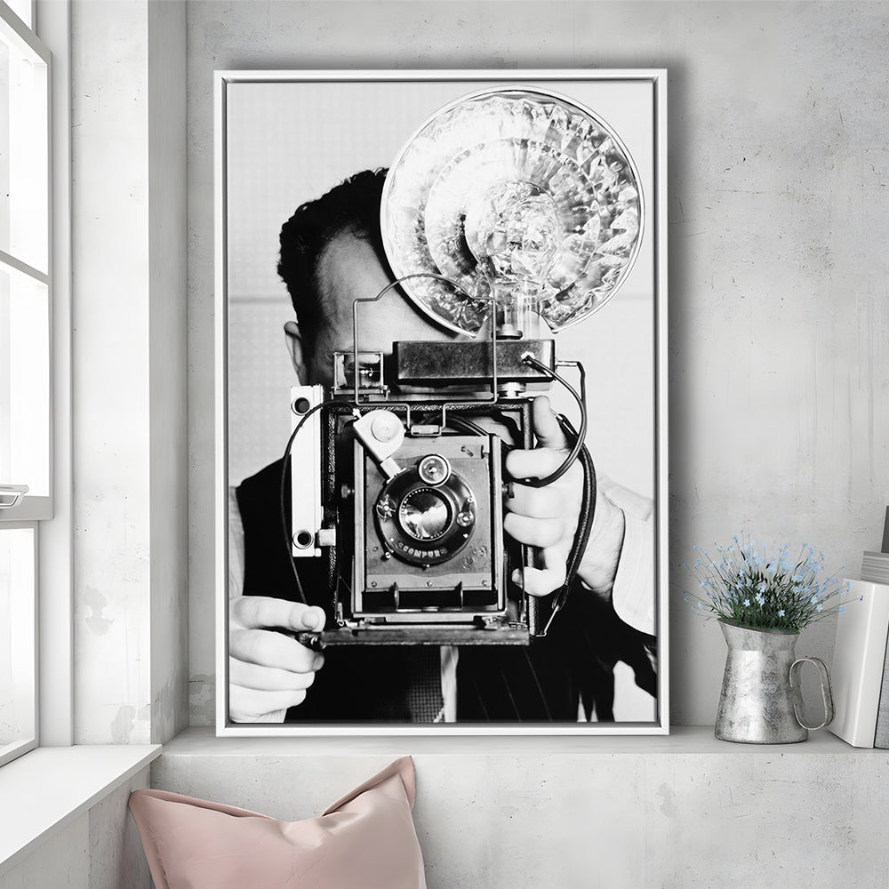 Old Vintage Camera Retro Photography Black and White Art Photography Prints, Floating Framed Canvas Print