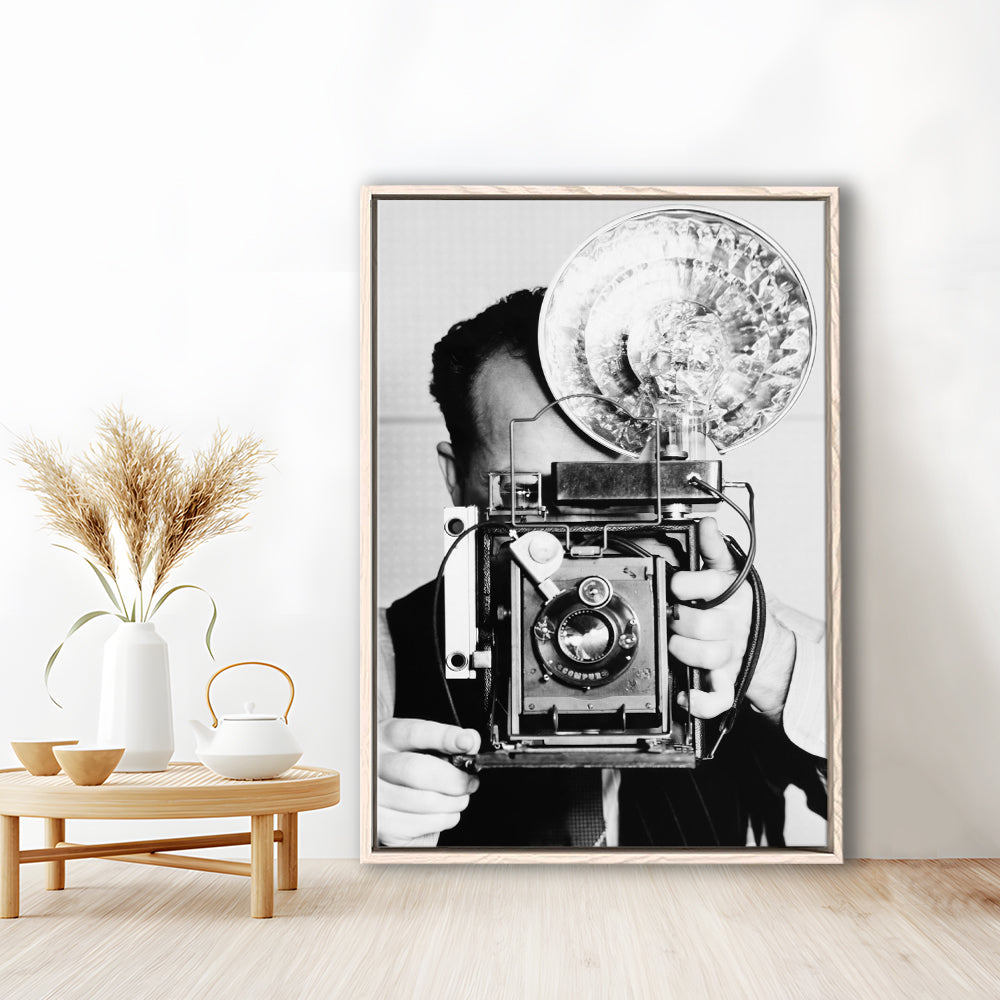Old Vintage Camera Retro Photography Black and White Art Photography Prints, Floating Framed Canvas Print