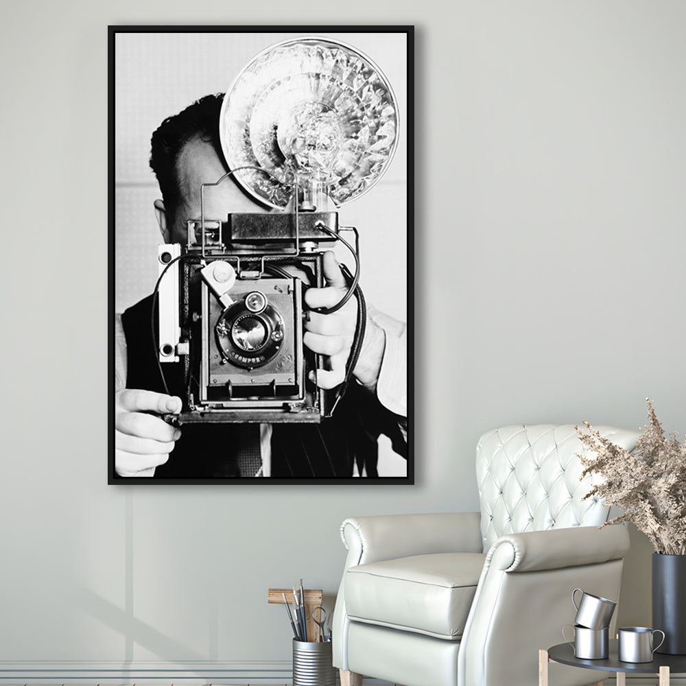 Old Vintage Camera Retro Photography Black and White Art Photography Prints, Floating Framed Canvas Print