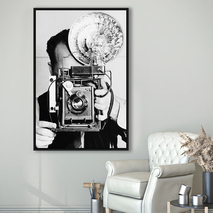 Old Vintage Camera Retro Photography Black and White Art Photography Prints, Floating Framed Canvas Print