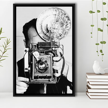 Old Vintage Camera Retro Photography Black and White Art Photography Prints, Floating Framed Canvas Print