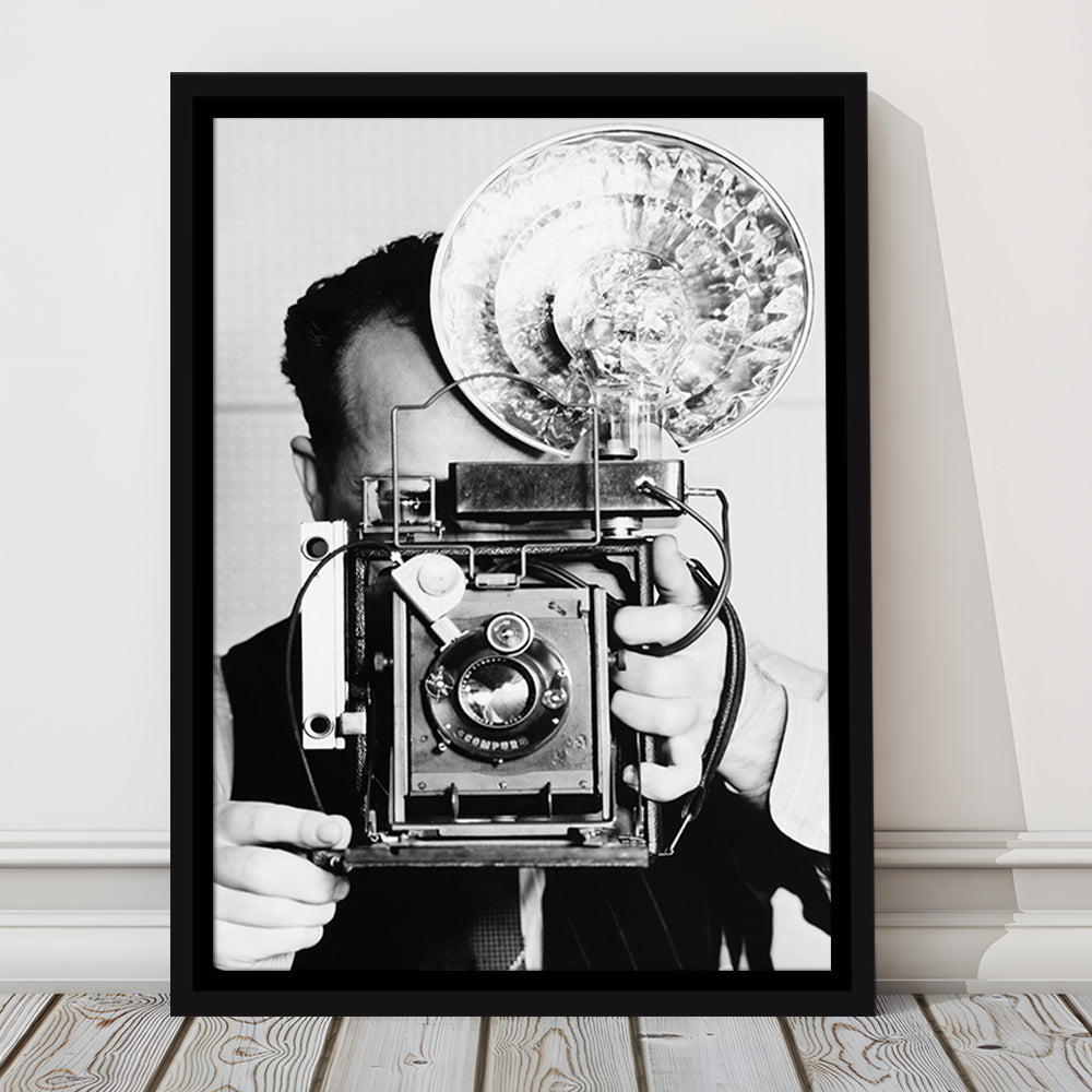 Old Vintage Camera Retro Photography Black and White Art Photography Prints, Floating Framed Canvas Print