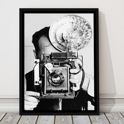 Old Vintage Camera Retro Photography Black and White Art Photography Prints, Floating Framed Canvas Print