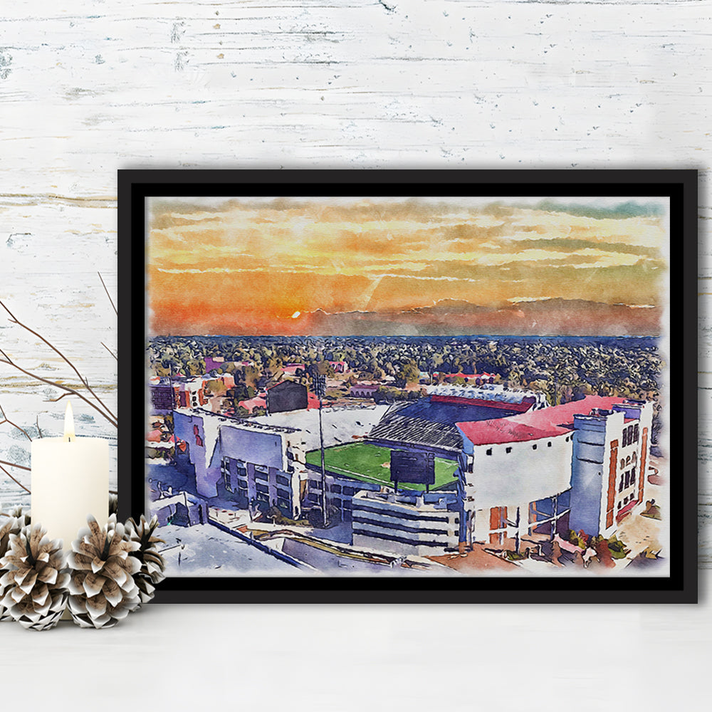 Ole Miss Rebels, Vaught Hemingway Painting Stadium Watercolor, Sport Gift Art, Framed Canvas Print Wall Art