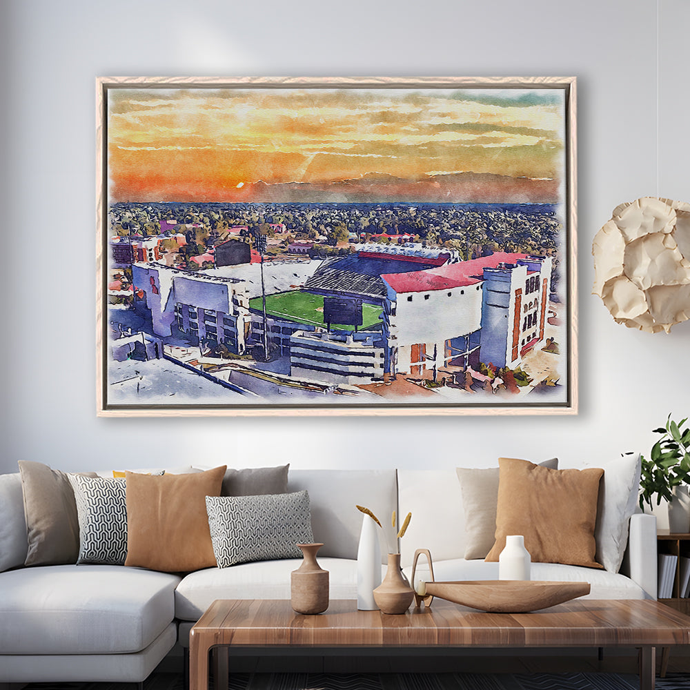 Ole Miss Rebels, Vaught Hemingway Painting Stadium Watercolor, Sport Gift Art, Framed Canvas Print Wall Art