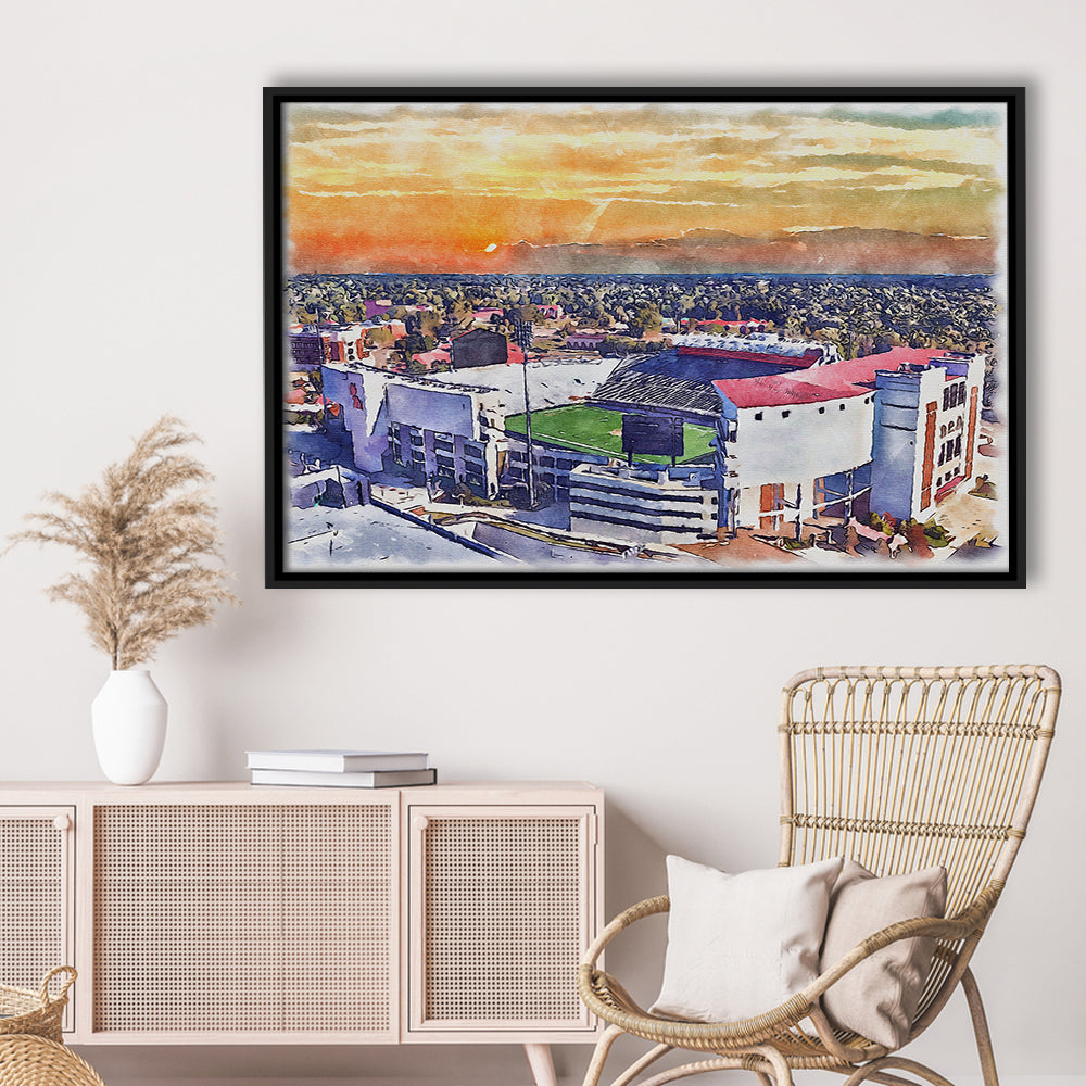 Ole Miss Rebels, Vaught Hemingway Painting Stadium Watercolor, Sport Gift Art, Framed Canvas Print Wall Art