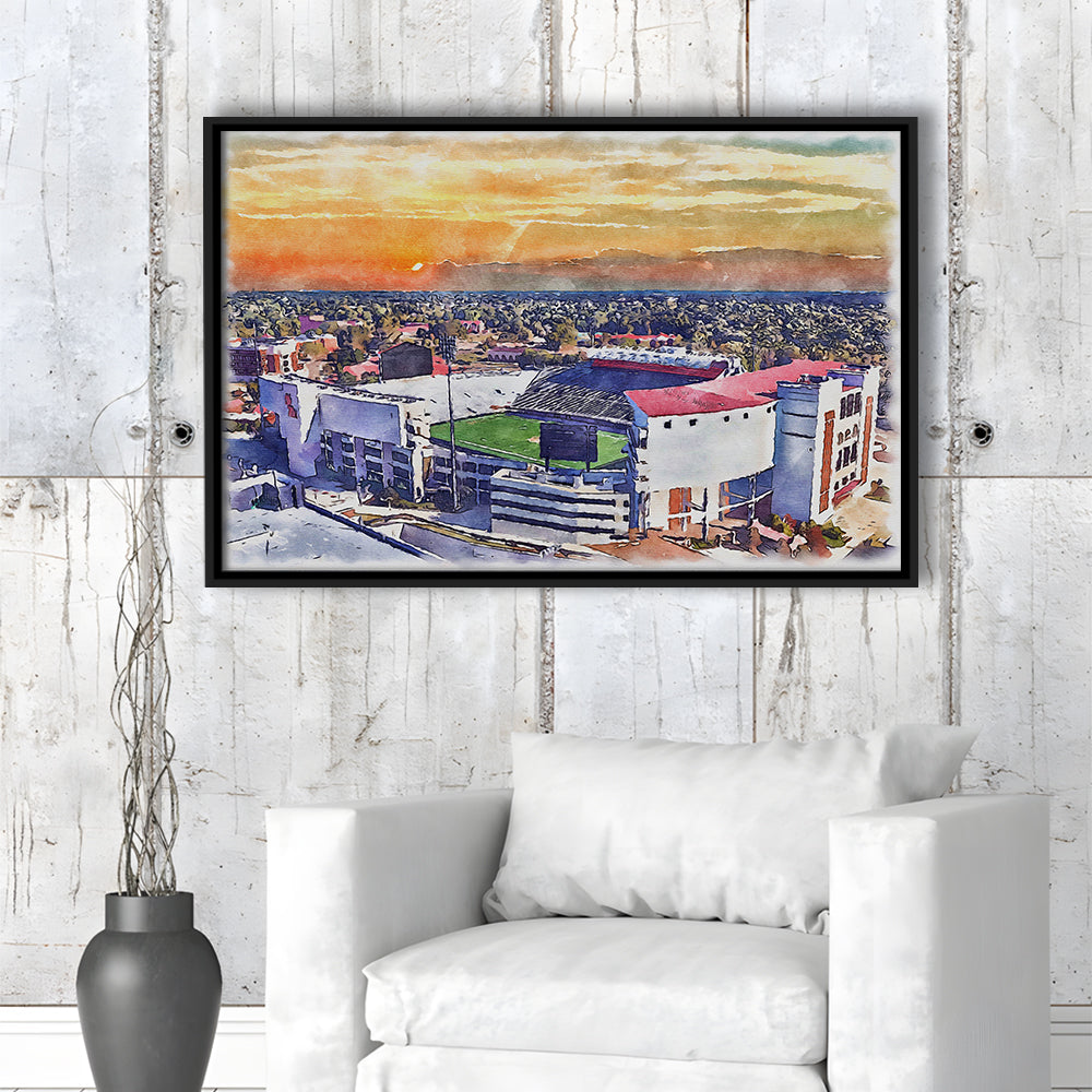Ole Miss Rebels, Vaught Hemingway Painting Stadium Watercolor, Sport Gift Art, Framed Canvas Print Wall Art