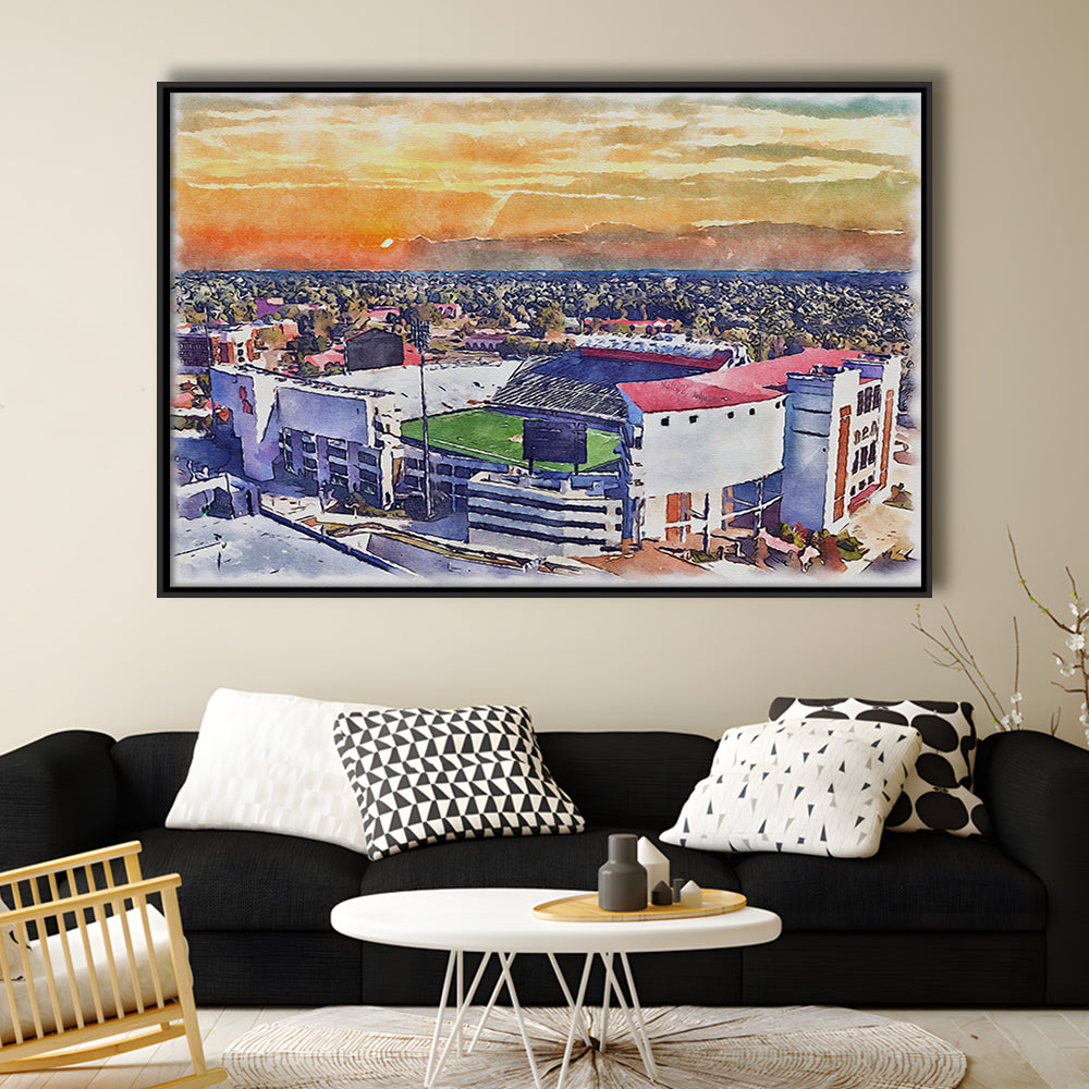 Ole Miss Rebels, Vaught Hemingway Painting Stadium Watercolor, Sport Gift Art, Framed Canvas Print Wall Art