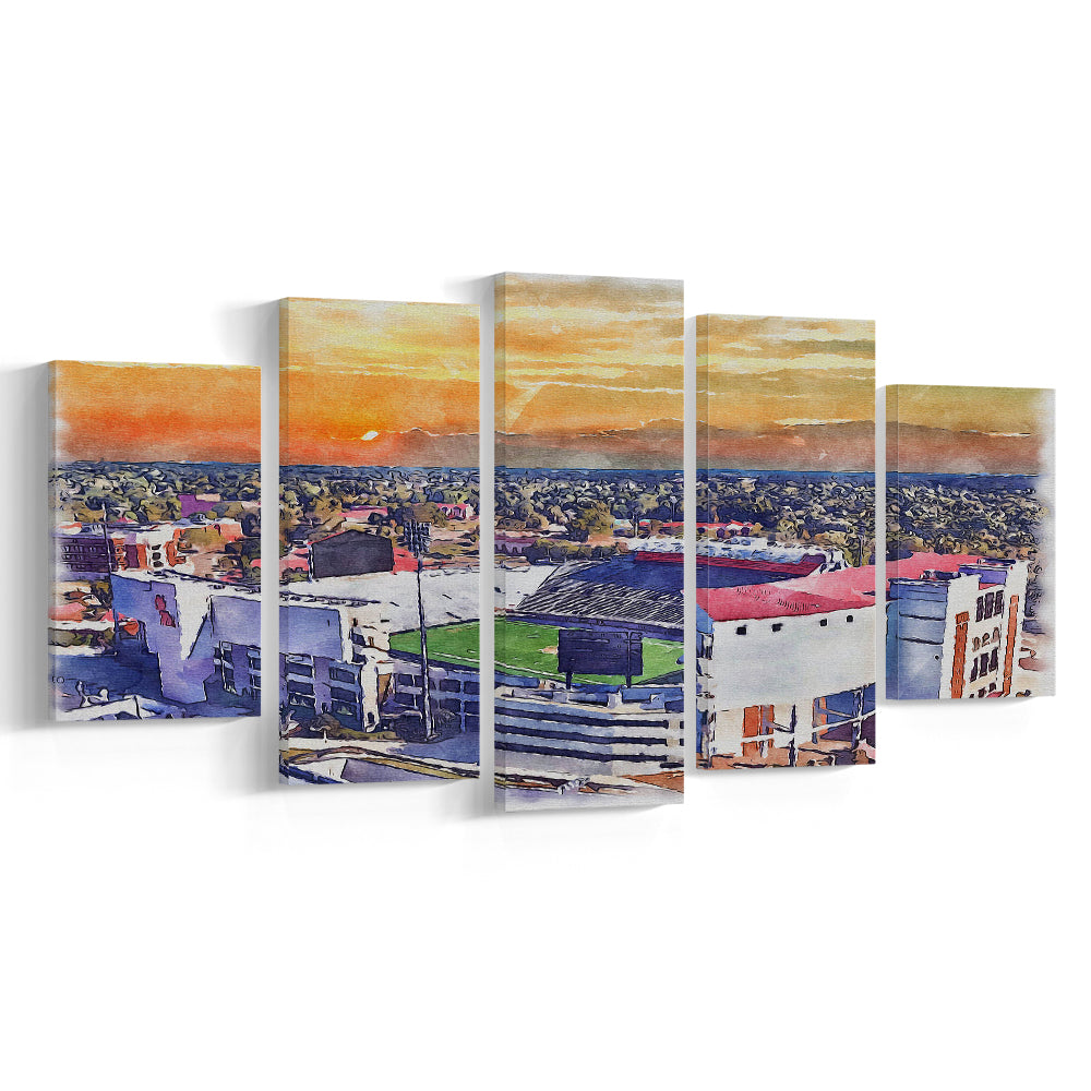 Ole Miss Rebels, Vaught Hemingway Painting Stadium Watercolor, Sport Art, Mixed 5 Panel, Canvas Print Wall Art