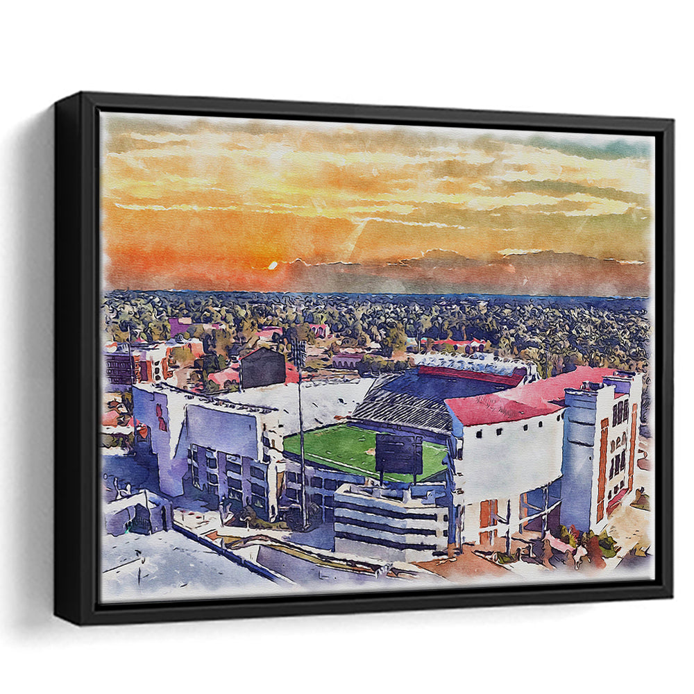 Ole Miss Rebels, Vaught Hemingway Painting Stadium Watercolor, Sport Gift Art, Framed Canvas Print Wall Art