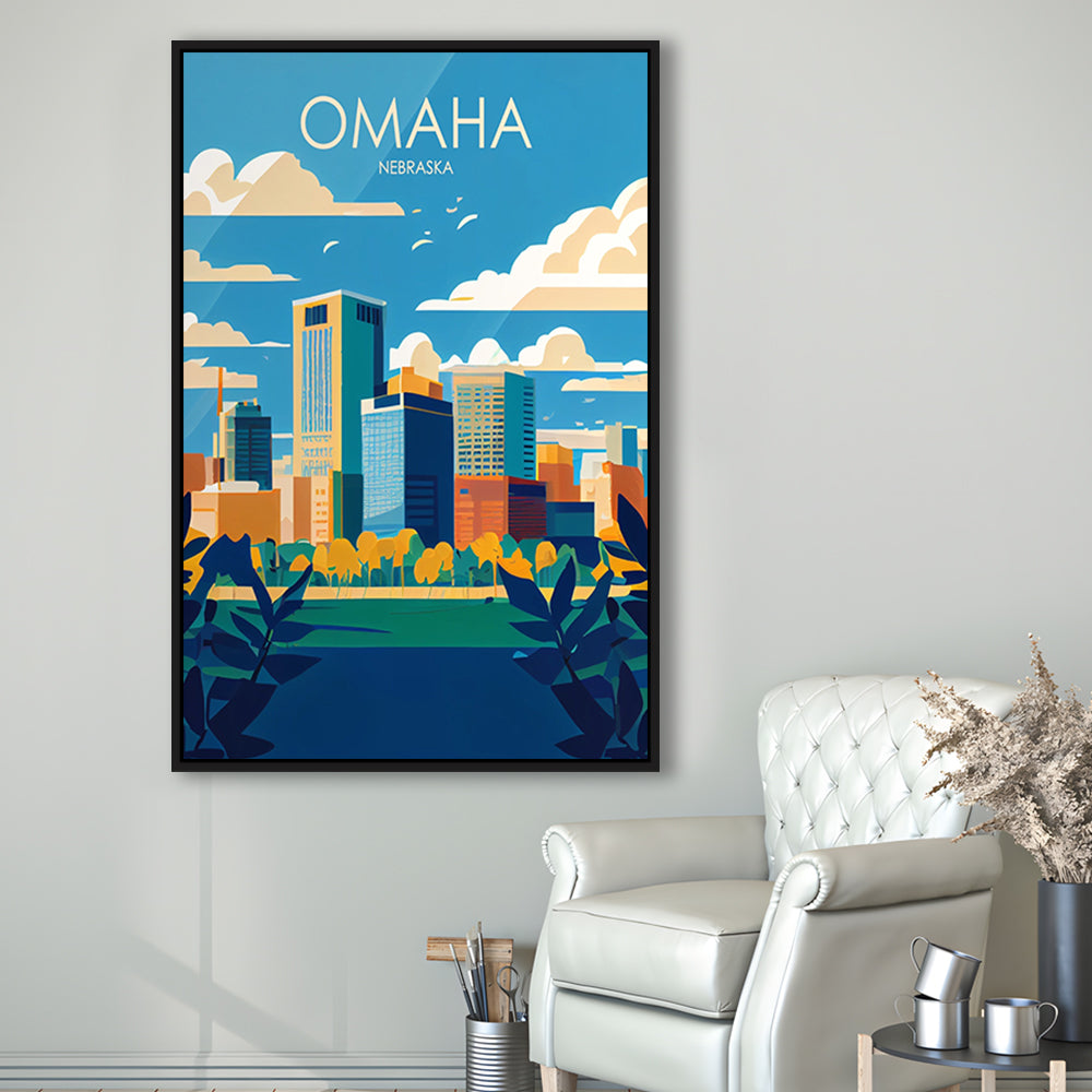 Omaha Nebraska Retro Art Print, Omaha City Wall Art, Floating Framed Canvas Print, Framed Picture, Painting Canvas