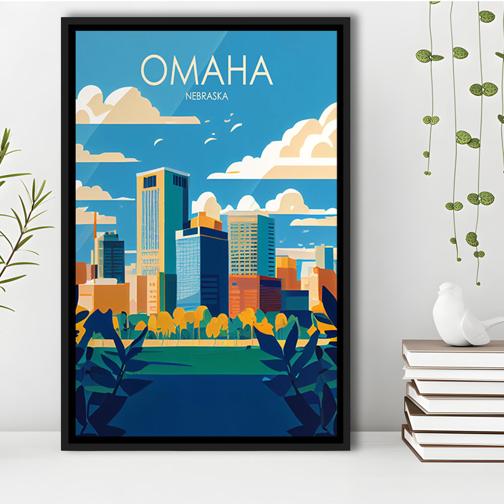 Omaha Nebraska Retro Art Print, Omaha City Wall Art, Floating Framed Canvas Print, Framed Picture, Painting Canvas