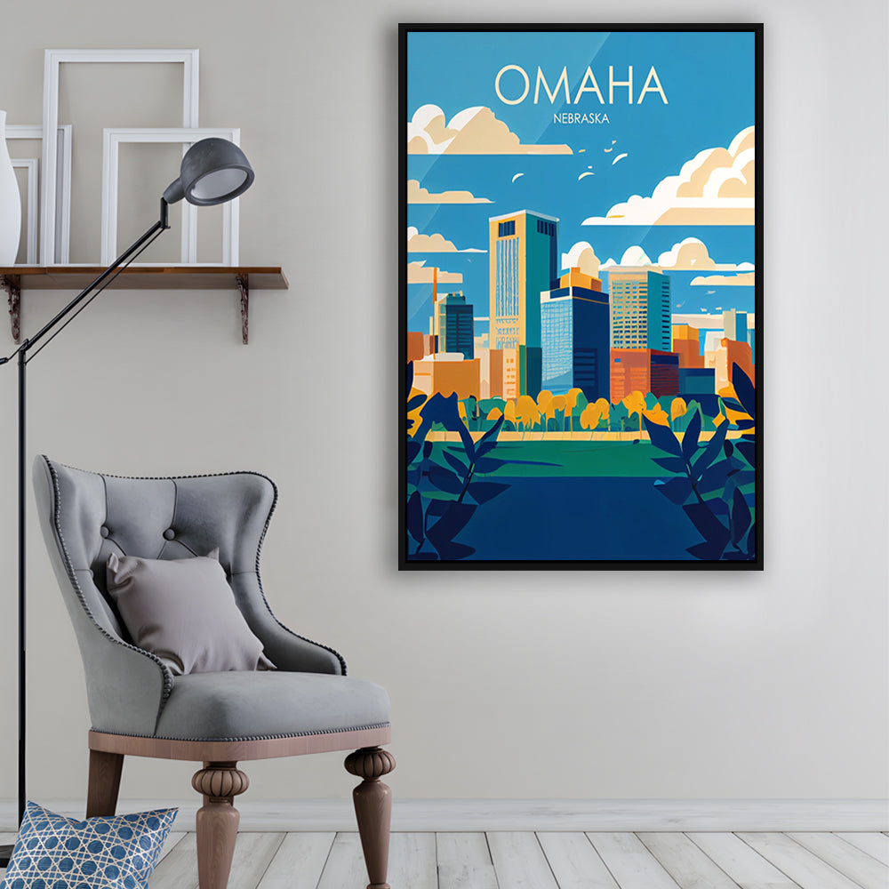 Omaha Nebraska Retro Art Print, Omaha City Wall Art, Floating Framed Canvas Print, Framed Picture, Painting Canvas