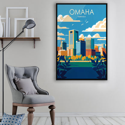 Omaha Nebraska Retro Art Print, Omaha City Wall Art, Floating Framed Canvas Print, Framed Picture, Painting Canvas