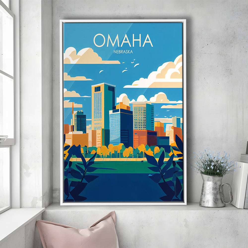 Omaha Nebraska Retro Art Print, Omaha City Wall Art, Floating Framed Canvas Print, Framed Picture, Painting Canvas