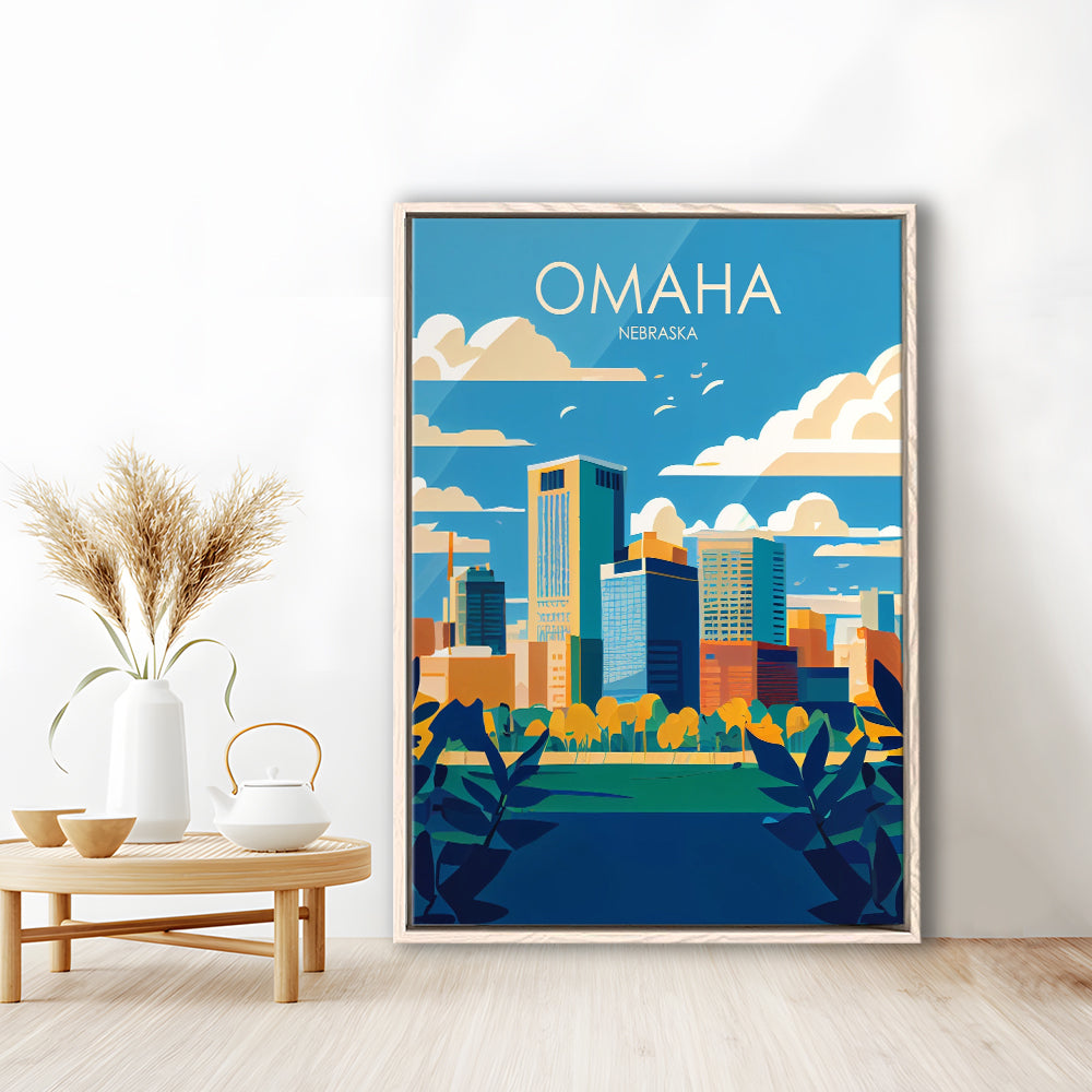 Omaha Nebraska Retro Art Print, Omaha City Wall Art, Floating Framed Canvas Print, Framed Picture, Painting Canvas