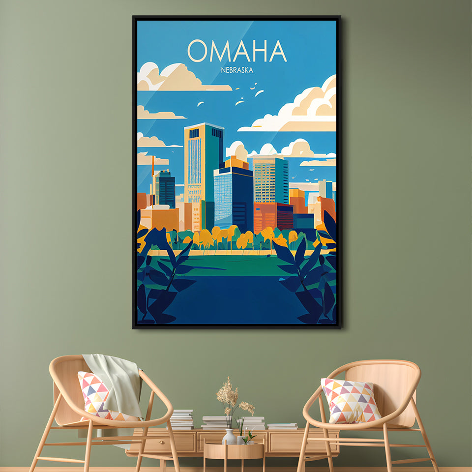 Omaha Nebraska Retro Art Print, Omaha City Wall Art, Floating Framed Canvas Print, Framed Picture, Painting Canvas