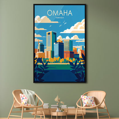 Omaha Nebraska Retro Art Print, Omaha City Wall Art, Floating Framed Canvas Print, Framed Picture, Painting Canvas