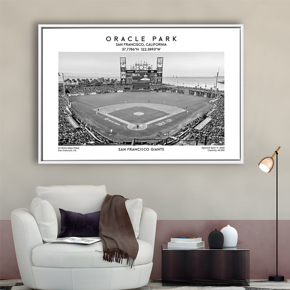 Oracle Park Stadium Black And White, San Francisco Baseball Stadium Wall Art Print, Framed Canvas Print Wall Art