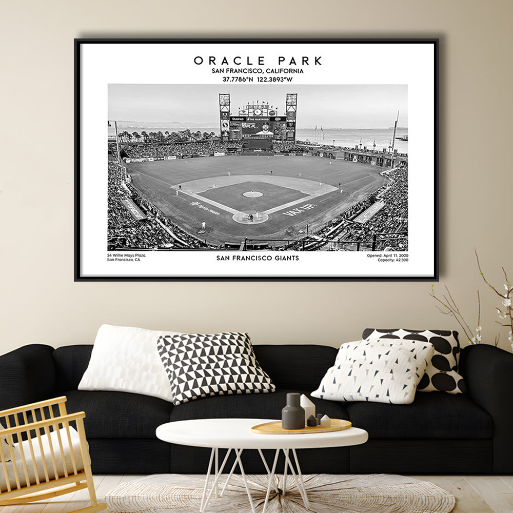 Oracle Park Stadium Black And White, San Francisco Baseball Stadium Wall Art Print, Framed Canvas Print Wall Art