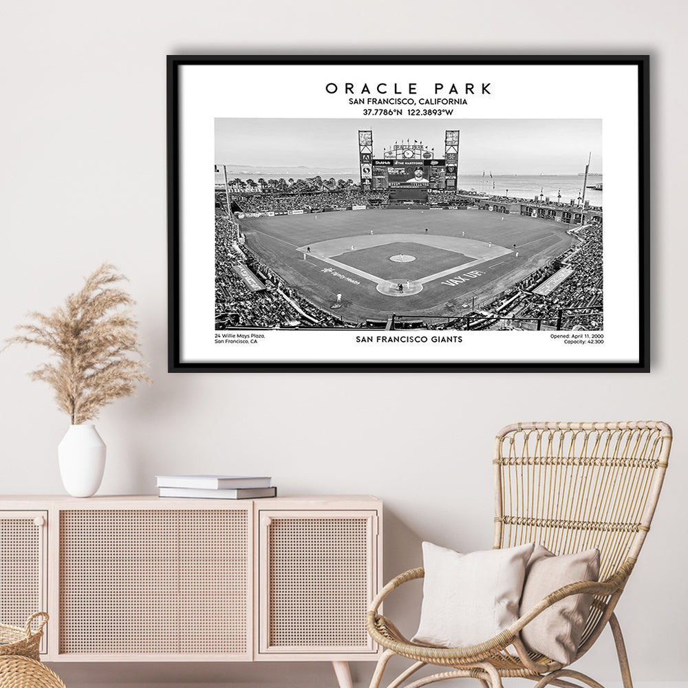 Oracle Park Stadium Black And White, San Francisco Baseball Stadium Wall Art Print, Framed Canvas Print Wall Art