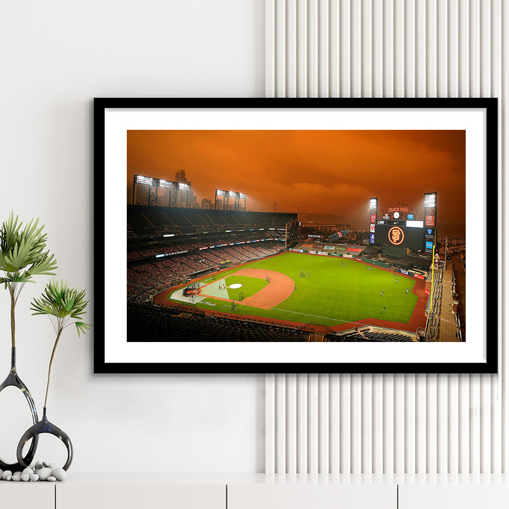 Oracle Park California, Stadium Canvas, Sport Art, Gift for him, White Border Framed Art Print Wall Decor