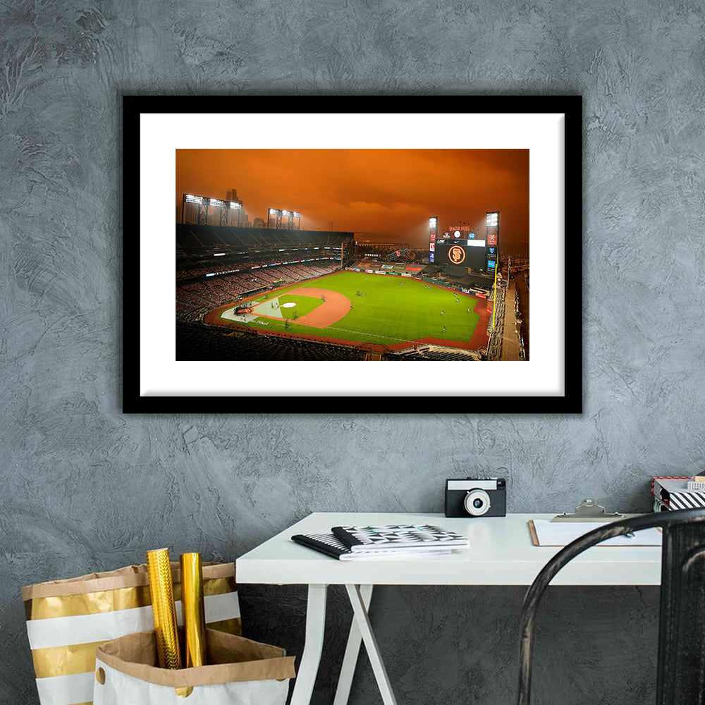 Oracle Park California, Stadium Canvas, Sport Art, Gift for him, White Border Framed Art Print Wall Decor